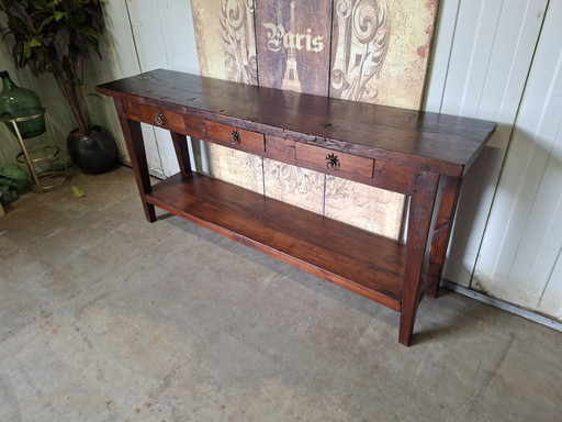 Teakhouten sidetable, haltafel, wandconsole afm. 170x40cm en 78cm hoog. – Wood (photo 2 of 6)