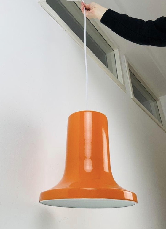 Image 1 of Orange enamel pendant lamp, modernist/space age design 1960