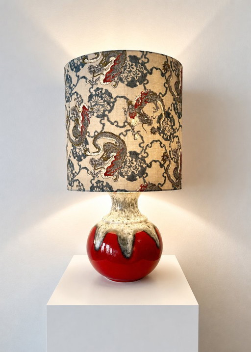 Striking table lamp with dragon shade - upcycled from a Fat Lava vase by Bay