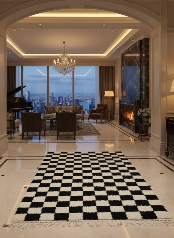 Image 1 of Berber Rug Black and White Checkerboard – Natural Wool Handwoven Contrast (250×145 cm)