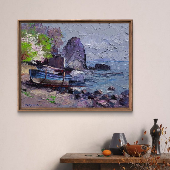 Original Oil Painting Seashore Rocks Boat On The Shore Calm Of A Sea Morning – Paintings & Drawings, Canvas (photo 3 of 7)