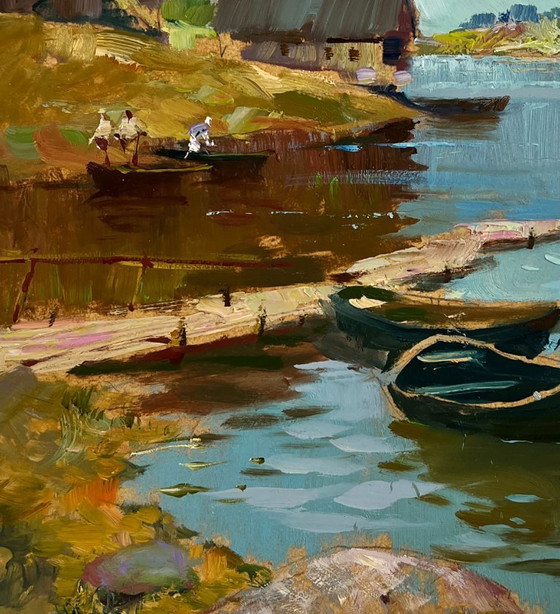 Image 1 of Original Oil Painting Coastal Village Landscape Quiet village harbour