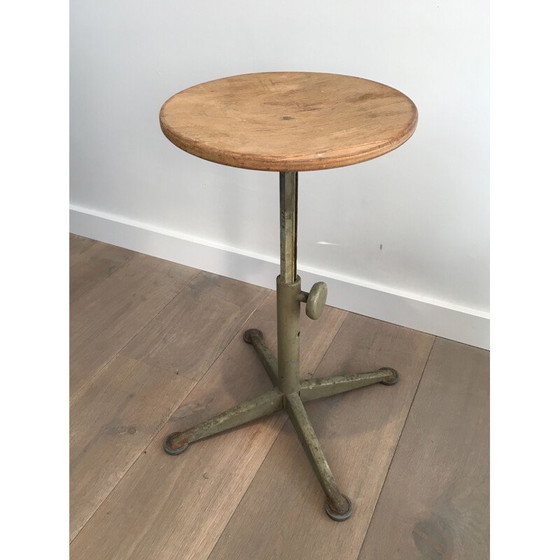 Image 1 of Vintage Industrial Stool in Steel and Wood, Height Adjustable, 1900s