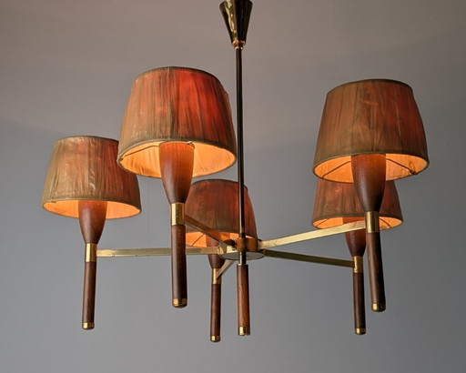 Danish Five-Arm Chandelier in Wood and Brass, 1950s