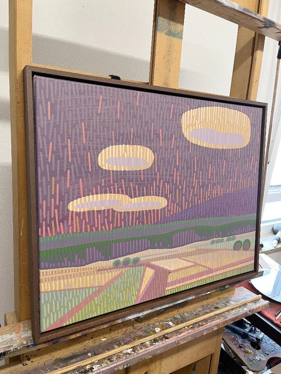 Image 1 of Paysage avec champs, peinture originale, peintures acryliques sur toile, y compris cadre en bois véritable, 71cm x 56cm