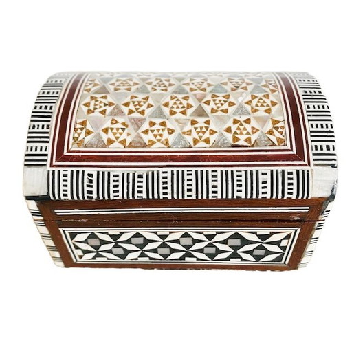 Boîte à bijoux vintage Khatam en bois à motif géométrique et incrustations de nacre, années 1970