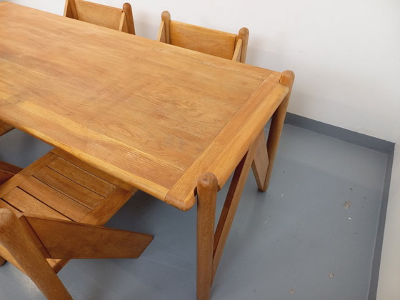 Image 1 of Exceptional suite of a large rectangular table and 4 vintage Brutalist chairs in solid oak from the 60s