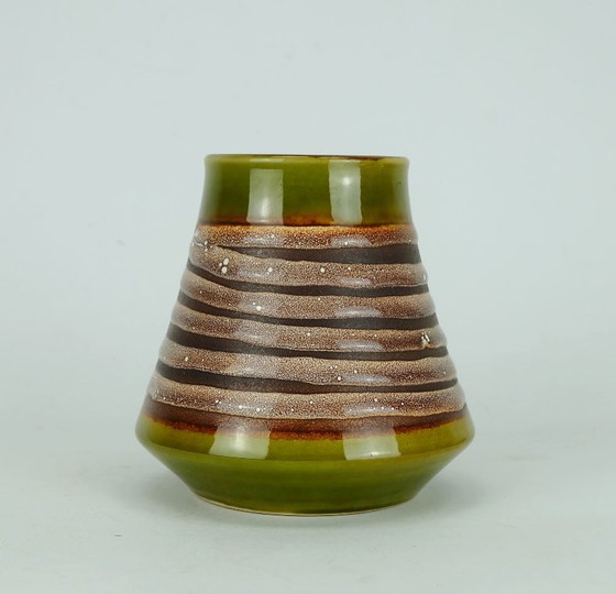 Image 1 of vintage mid century fohr keramik VASE model 130 15 olive green with stripe pattern