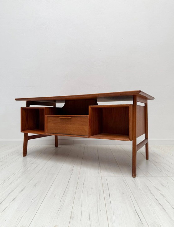 1960s Vintage Danish Design Teak Desk Model 75 by Gunni Omann for Omann Jun, Wood, Brown, Mid Century Modern (photo 14 of 17)