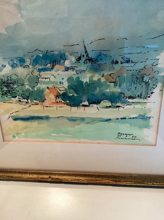 Beautiful Original Watercolor “Rosmeer” - Signed Swinnen., Art, Glass, Paper, Blue (photo 4 of 5)