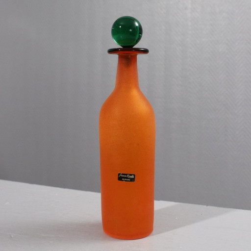 Franco Moretti in Murano - Scavo orange & green carafe bottle Italy 1980s