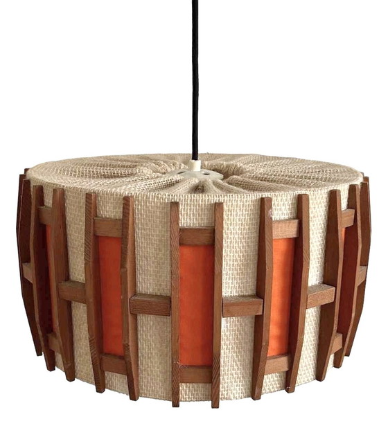 Image 1 of Vintage Scandinavische hanglamp retro jute teak oranje 1970's
