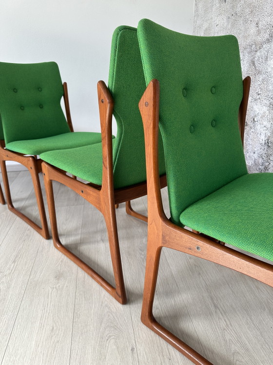 Set of 4 Danish teak chairs, green, 1970s/60s, Vamdrup – Dining chairs, Wood, Cotton (photo 5 of 13)