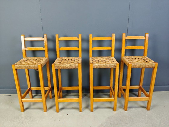 Image 1 of Sgabelli da bar vintage in rovere e corda di carta, anni '60