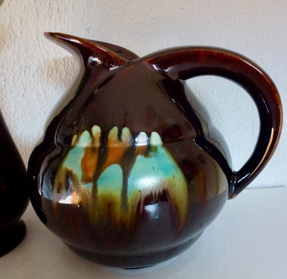 Image 1 of Faience de Thulin - Art Deco earthenware Beak jug + 2 vases.