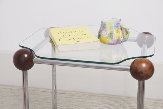 Image 1 of  Atomic MCM Side Table Vintage 1970s Mid Century Modern Space Age Chrome Glass Wood Sphere Joints Molecular Coffee Table 