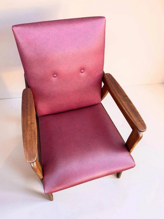 Vintage design armchair set – red skai and teak (1960s) (photo 5 of 13)