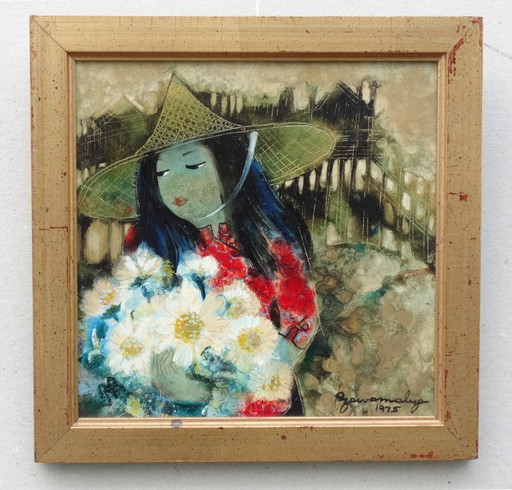 Junge Frau m. Blumen, Bangkok, Thailand 1975, young woman with a bouquet of flowers 