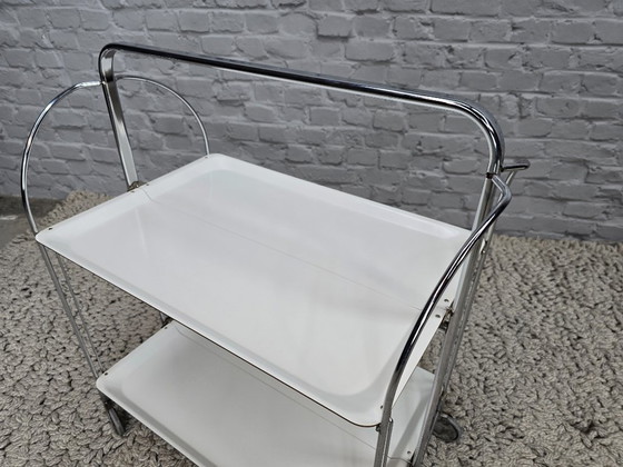Image 1 of Vintage Foldable and Mobile Chrome Steel ‘Dinett’ Serving Trolley with 2 White Layers by Gerlinol, Germany, 1970s. 