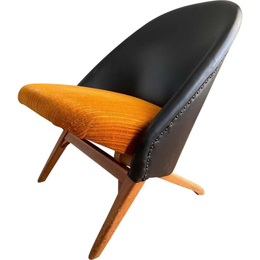 Vintage black leatherette and orange fabric armchair by Theo Ruth for Artifort, 1950