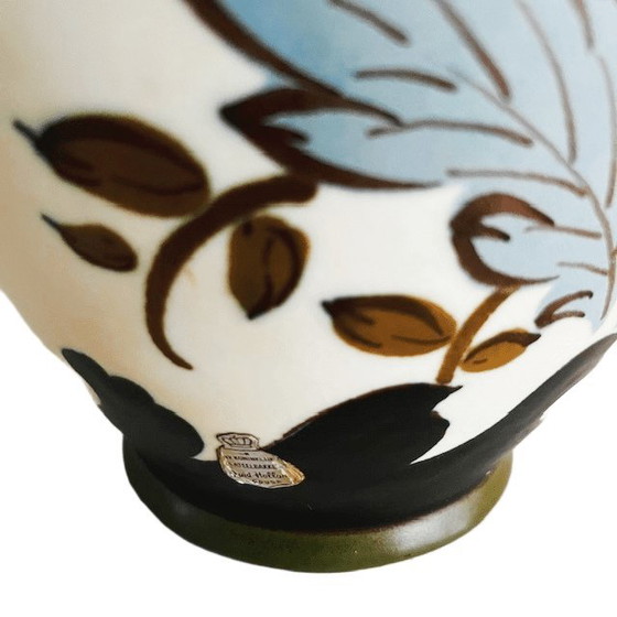 Image 1 of Mid-century Royal Gouda lidded vase South Holland lidded pot Verinique flowers 1950s