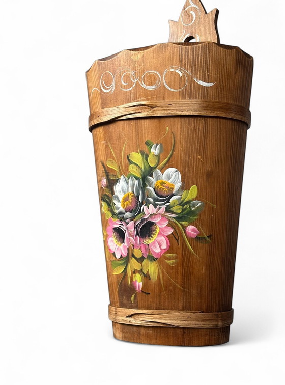 Image 1 of paraplubak vintage jaren 50 hout Beierse Alpen halmeubel entree handwerk vintage hand geschilderd fifties