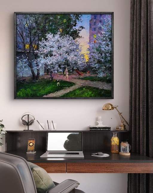 Original Oil Painting Spring City Motif Evening Courtyard in the City – schilderijen tekeningen, Canvas (photo 2 of 8)