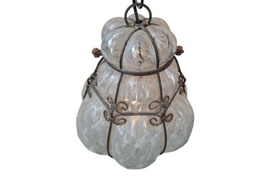 Image 1 of Lampada a Sospensione Vintage in Vetro Soffiato e Ferro Battuto