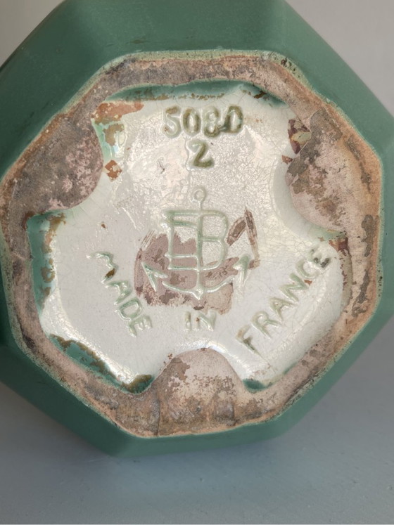 Image 1 of Art Deco vaas – De Bruyn Pottery – Frankrijk – Groen & bruin gegoten glazuur – 19 cm