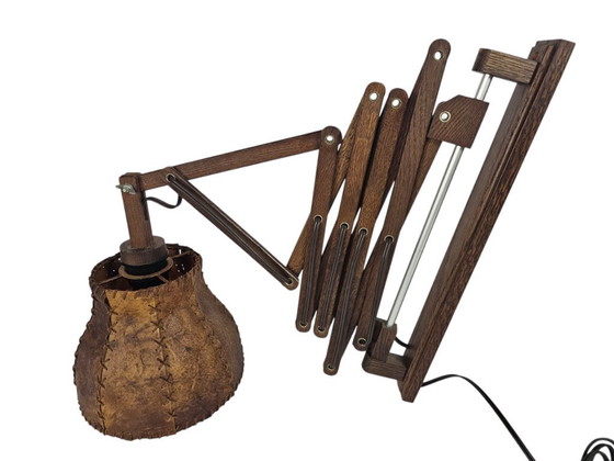 Image 1 of Schaarlamp | Harmonicalamp | wandlamp | vintage | eiken | varkensblaas | 70's |