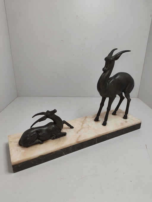 Original French Art Deco Sculpture with two gazelles