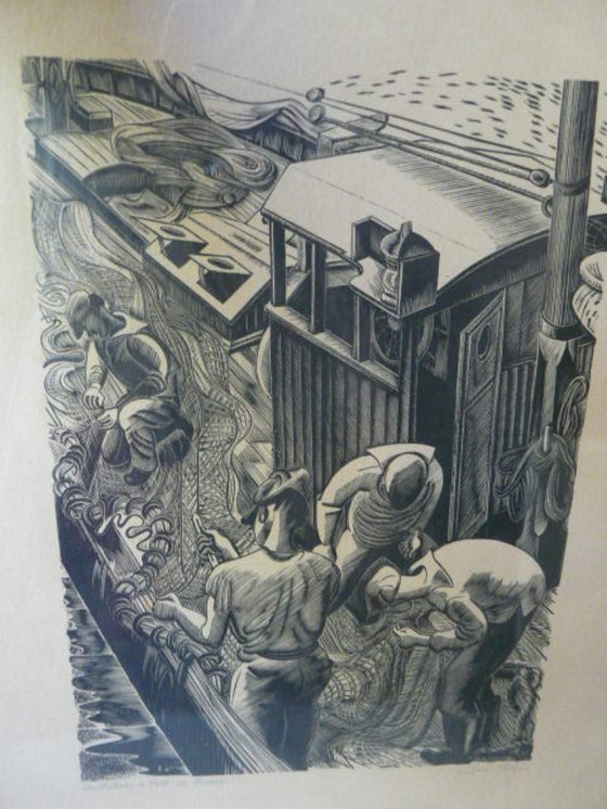 Image 1 of gravure sur bois de Jean Chièze chalutier en port en Bessin