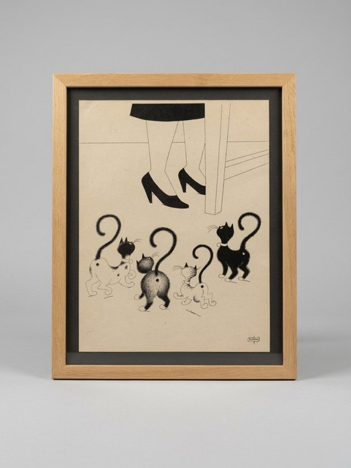 Litografia "Chat Point d'Interrogation" Albert Dubout 1962.
