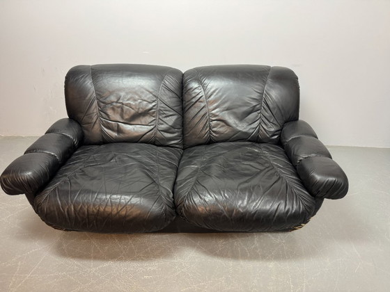 Image 1 of Beautiful Big Black Leather Postmodern Italian Design Space Age 2-Seat Lounge Sofa with Brass Buttons and Playful Cord Lacing.