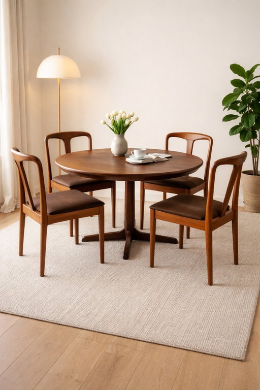 Set da pranzo "Juliane" di Johannes Andersen - tavolo rotondo in teak + 4 sedie, danese, anni '60.