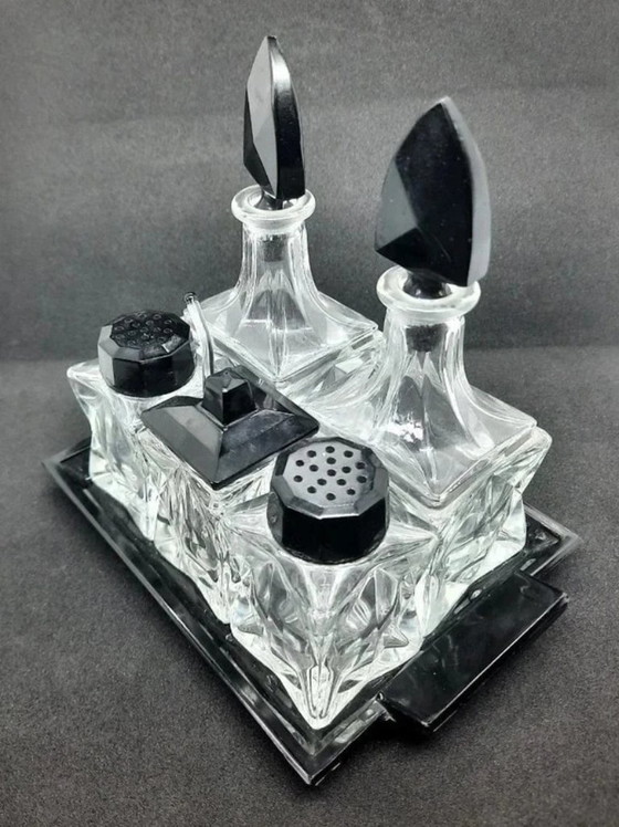 Image 1 of Juego de vinagreras Art Déco de lujo de 6 piezas: pimienta, sal, vinagre, aceite y mostaza