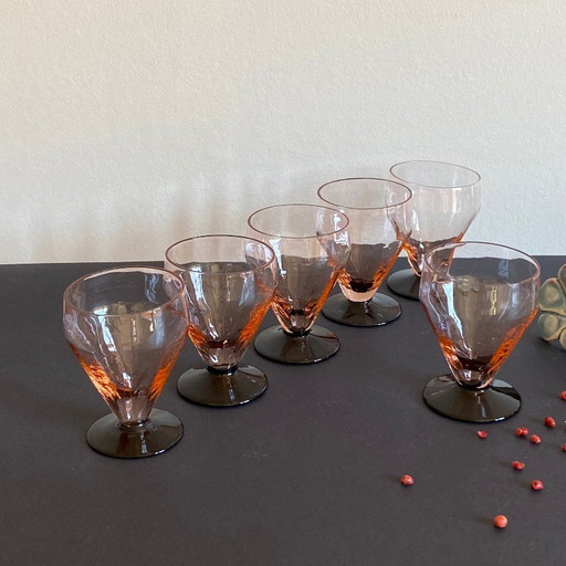 6 bicchieri da vino o da acqua rosa in stile art déco con stelo nero