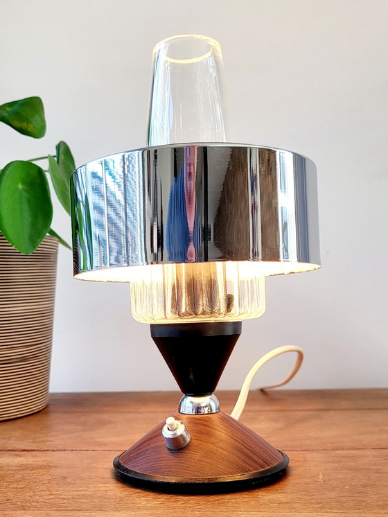 Image 1 of Vintage table lamp, round wooden base finished with chromé, 1950s