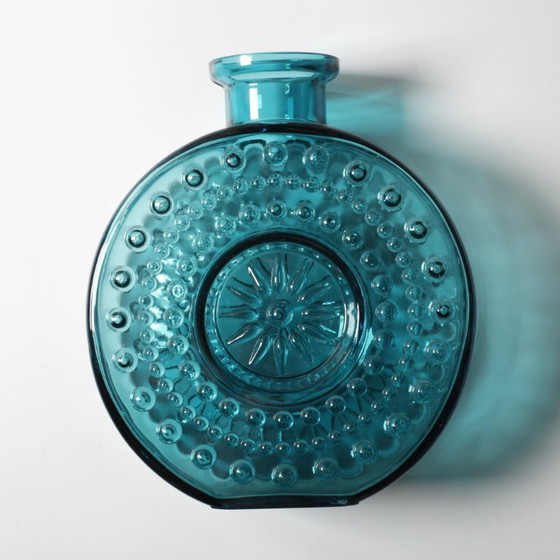 Image 1 of Large Vintage Teal Sunburst Blue Bubble Glass Vase / Erich Jachmann for WMF / 1960s