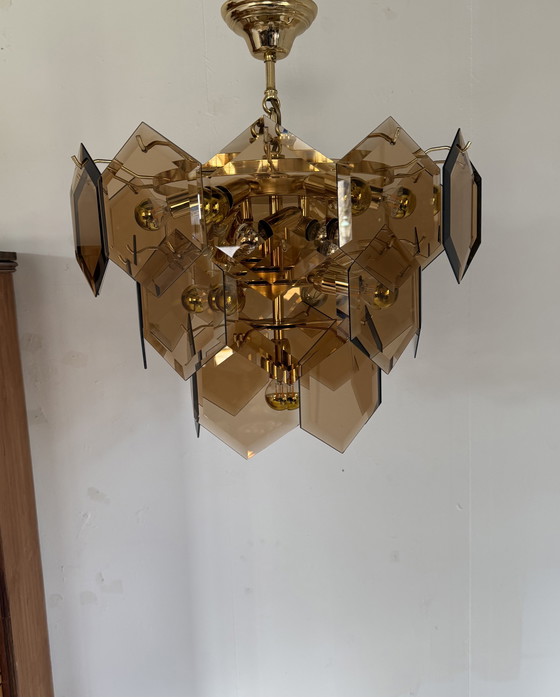 Image 1 of Vintage hexagon rookglazen kroonluchter, Italië ‘70