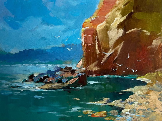 Image 1 of Peinture à l'huile originale représentant un paysage côtier rocheux. Bord de mer rocheux.