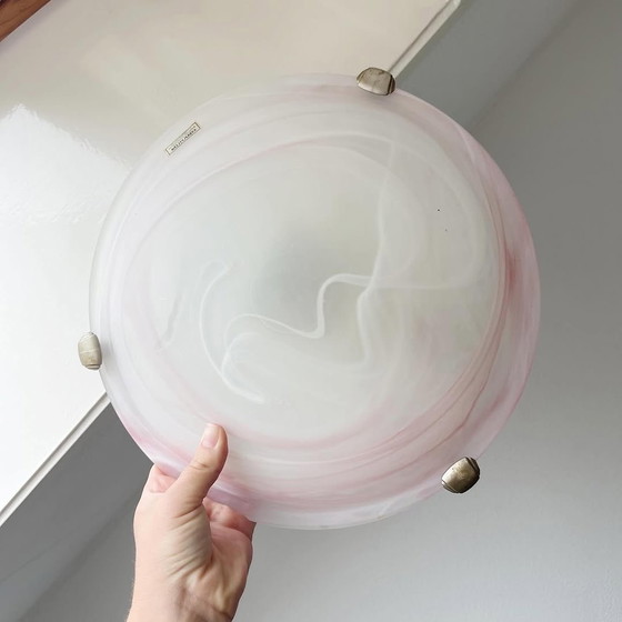 Image 1 of Rare Pair of Authentic Murano Glass Flush Mounts | Italian Art Glass | Soft Pink Swirl Design 