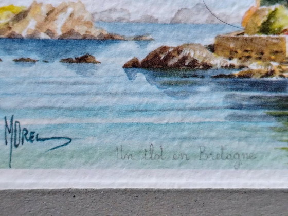 Image 1 of Aquarelle vintage signée | Paysage marin côtier breton | Encadrée