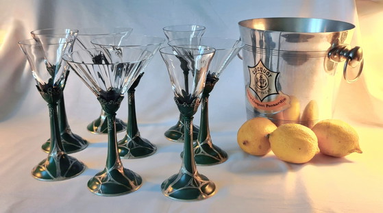 Art Nouveau 8 Glazen Set Kristal op Metalen Voet Groen Zilver 19e Eeuw Top – Glazen & Karaffen, Crystal (photo 12 of 14)