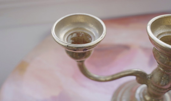 Image 1 of Solid Brass Vintage Candelabra, Bronze-Tone Three-Arm Candle Holder