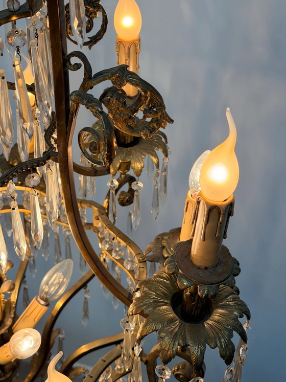 Impressionnant lustre ancien français en bronze doré et cristal, Verre (photo 7 sur 9)