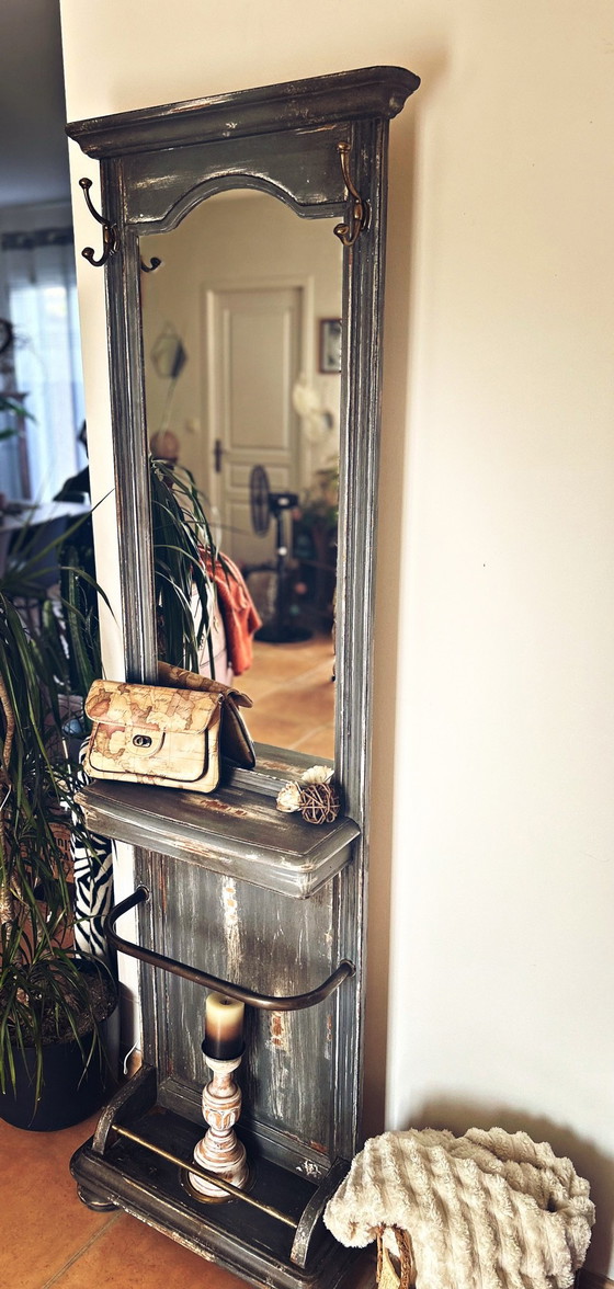Old entrance coat rack patinated blue-grey with mirror, Vintage charm, Shelving unit, Wood (photo 7 of 15)