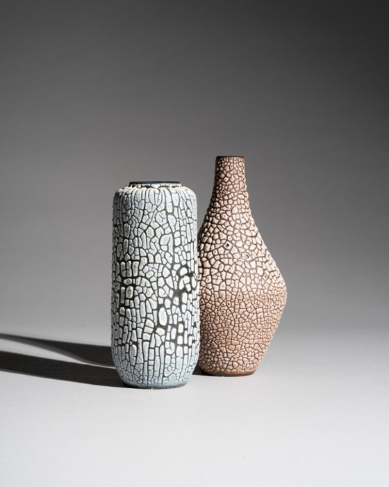 Image 1 of ALBERT KIESSLING "SNAKESKIN" Vase DUO East German Pottery REDUKTIONSGLASUR GDR