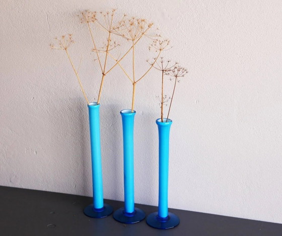 Image 1 of Vintage tall handblown orchid vases in azure blue by Artur Percy for Gullaskruf, 1970s, set of 3