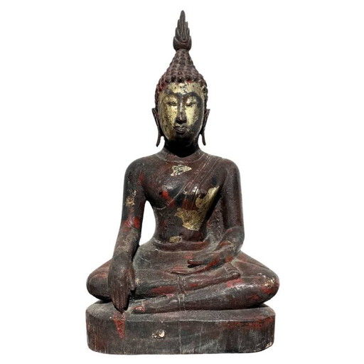 Antique Burmese Buddha - Teak Wood & Gold Leaf - 29cm